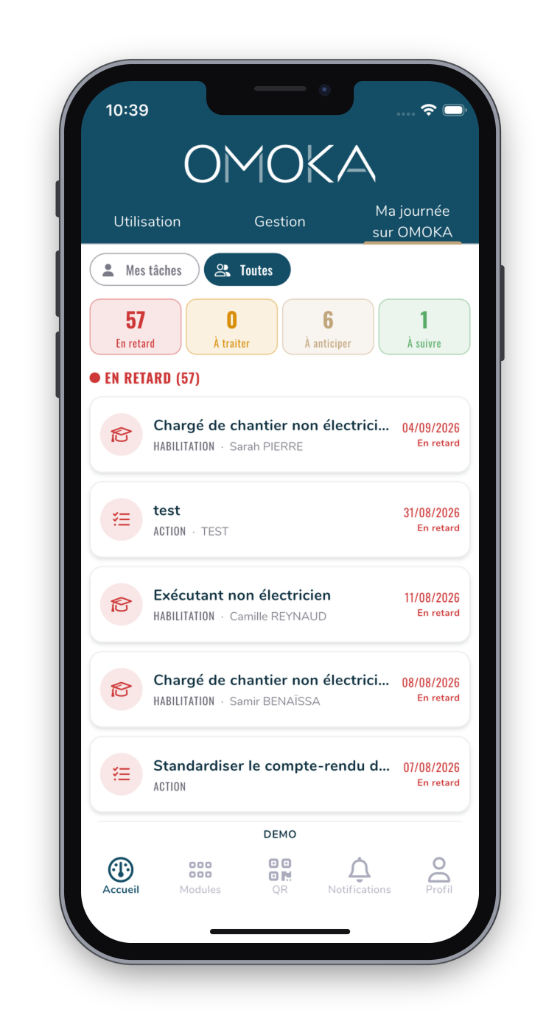 OMOKA sur mobile : ma journée, tâches en retard, habilitations et actions